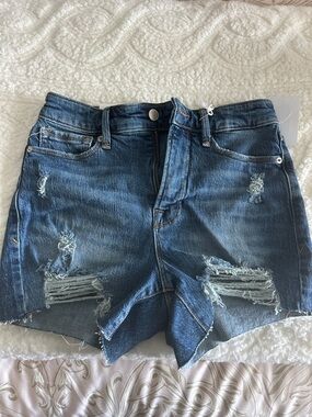 Good American Distressed Blue Denim Cutoff Shorts